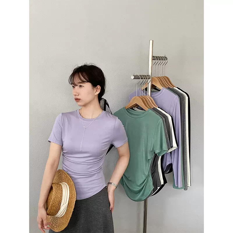 江左 纸片瘦瘦T正肩掐腰莫代尔棉长/短袖T恤女薄百搭显瘦上衣1827