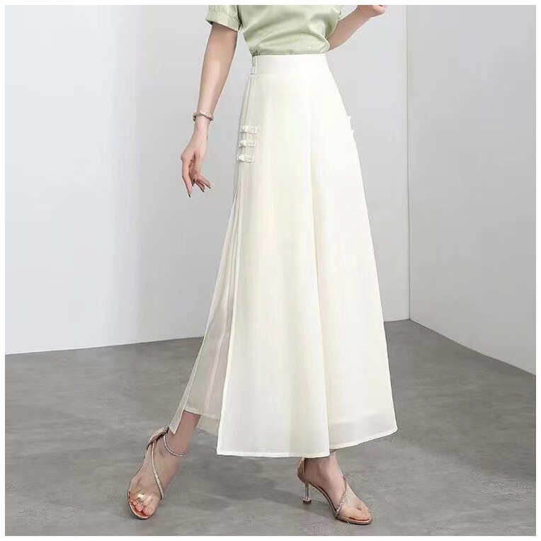 Chiffon Wide-leg Pants Women's Split Culottes Thin Pants Women's 2024 Summer New High Waist Dipped A- line Cropped Pants