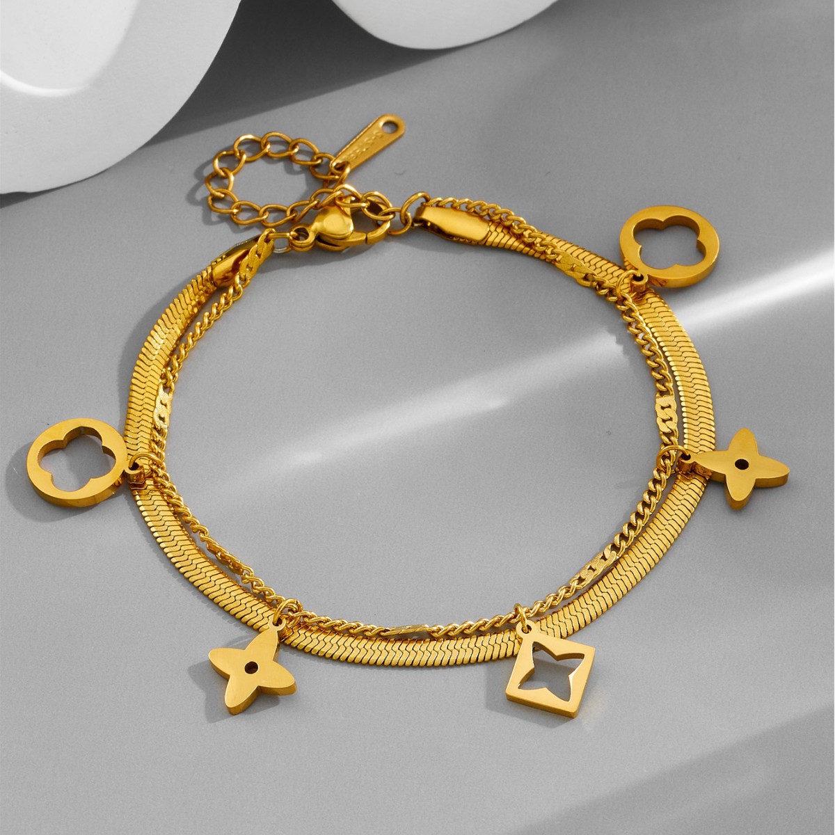 Korean-style Titanium Steel Color-free Hollow-out Old Flower Double-layer Four-leaf Clover Bracelet Women's Fashionable All-match Simple Elegant Trendy Bracelet