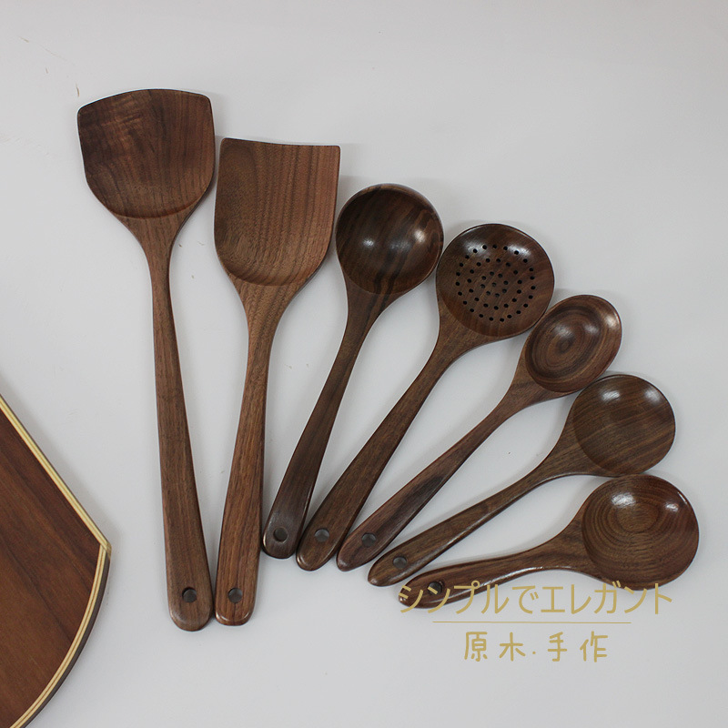 亚马逊新款黑胡桃木厨具7件套 家用木质厨房炒菜木铲木勺烹饪套装