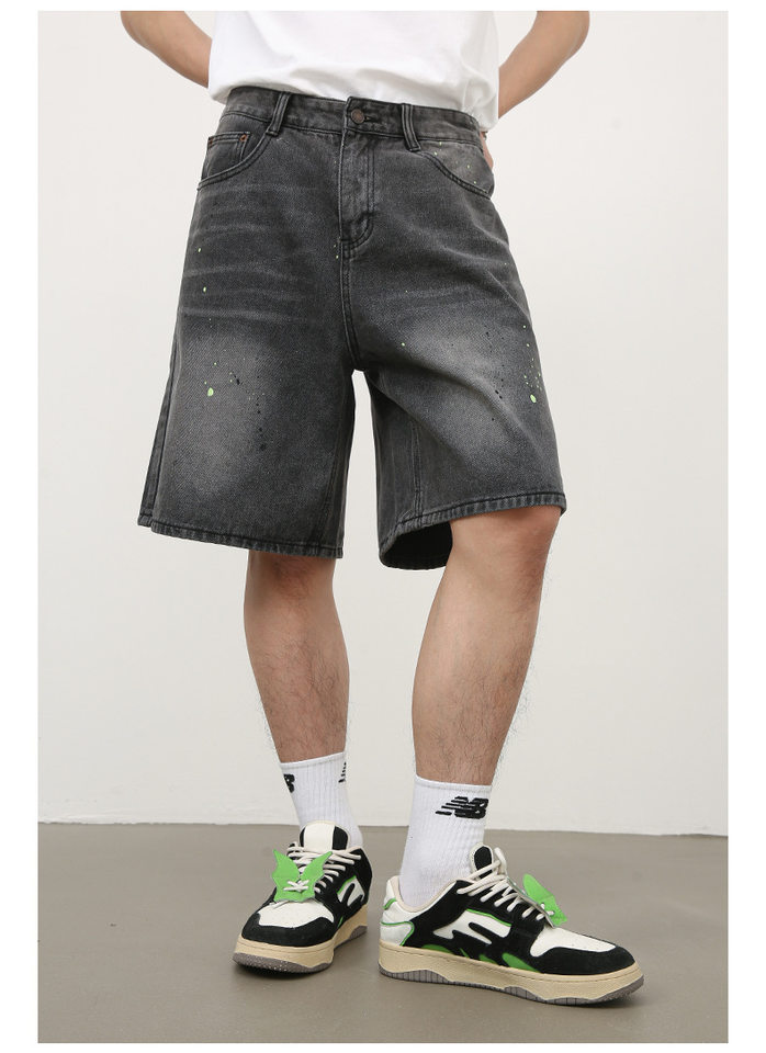 Quần short denim nam ống rộng lửng trên gối, họa tiết vệt sơn mực kiểu đường phố — Xanh lam nhạt, Đen xám chi tiết 10