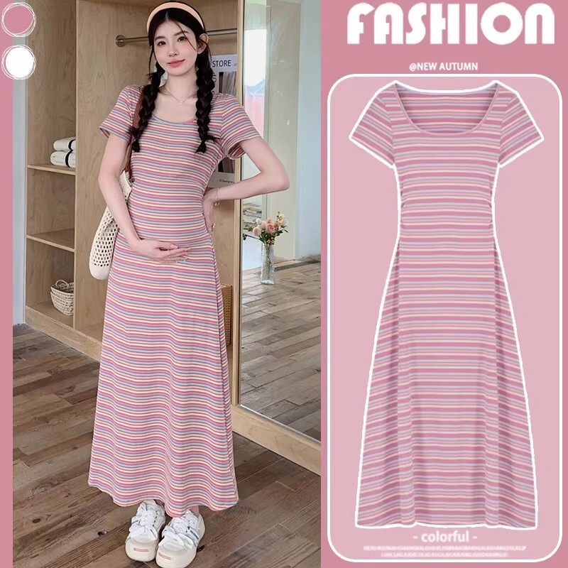 Maternity Dress Summer Dress 2025 New Style Covering Belly, Slimming Body, Slimming Stripesd Short-Sleeved Maternity Dress Summer Long