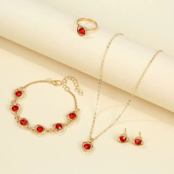 Cross-border explosions jewelry hollow love color earrings jewelry suit fashion necklace ring 4-piece set