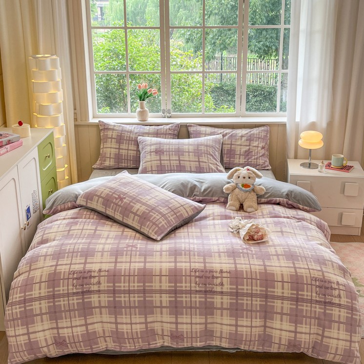 보라색 체크무늬-[두껍고 따뜻한 밀크벨벳 4종세트]