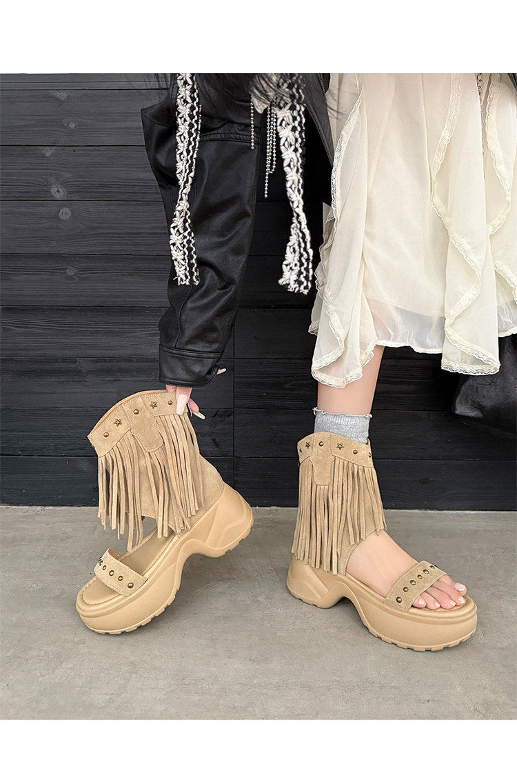 Boot nữ cổ thấp đế xuồng cao gót 9 cm, mũi hở phong cách phương Tây, tua rua đinh tán — Màu caramel, màu mơ chi tiết 21
