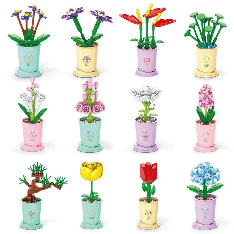 Строительные блоки цветы мелкие частицы настольные украшения ларек музыкальные детские игрушки развивающие собранные для девочек маленькие подарочные растения