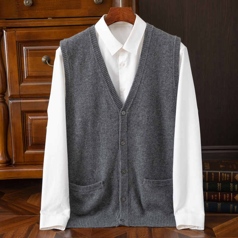 100% Pure Cashmere Knitwear Men's Sleeveless Cardigan Vest Pure Color Buttoned Knitwear Jacket Business Casual Woolen Knitwear 100% Pure Cashmere Knitwear Men's Sleeveless Cardigan Vest Pure Color Buttoned Knitwear Jacket Business Casual Woolen Knitwear