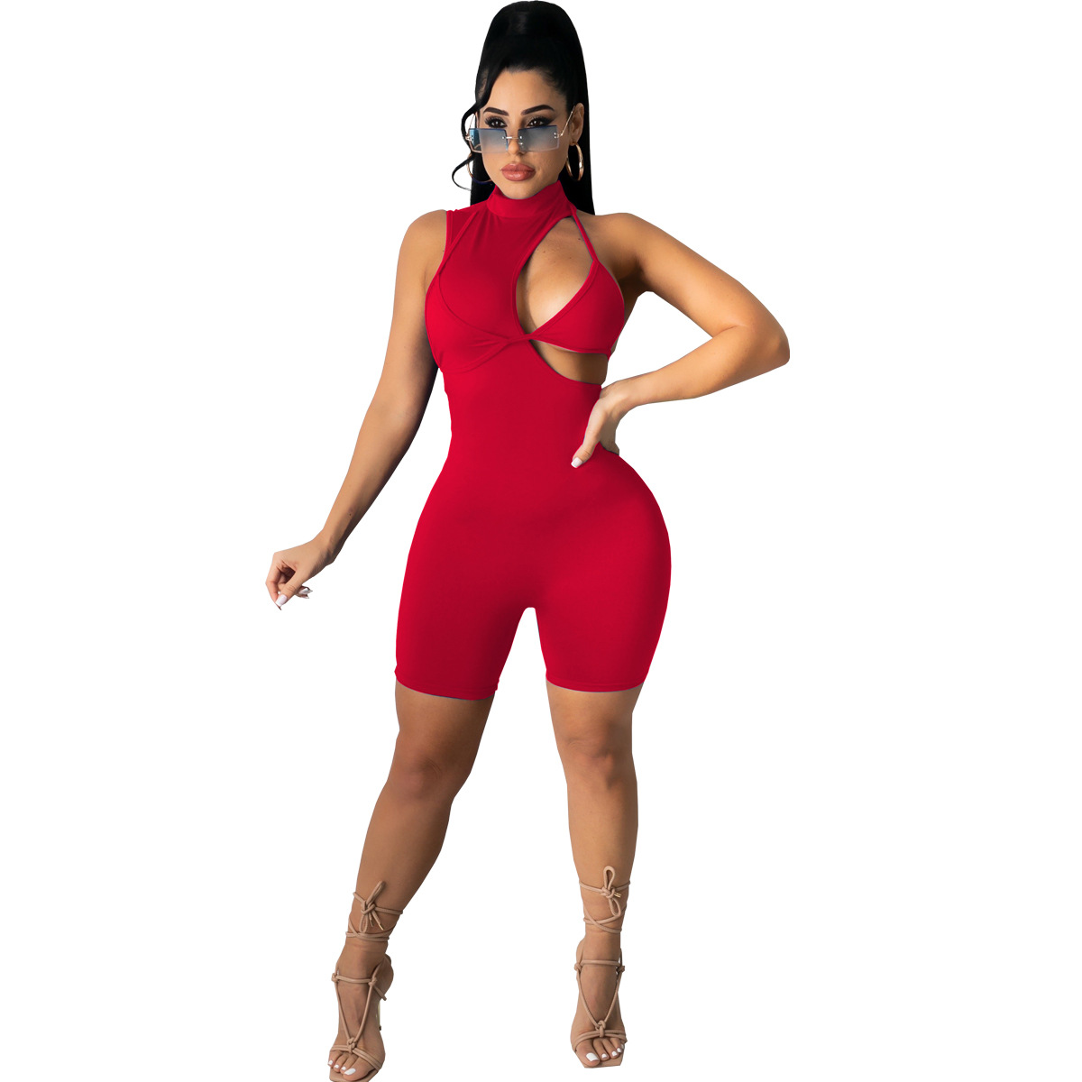 Sexy Solid Color Sleeveless Shorts Jumpsuit NSSJW58837