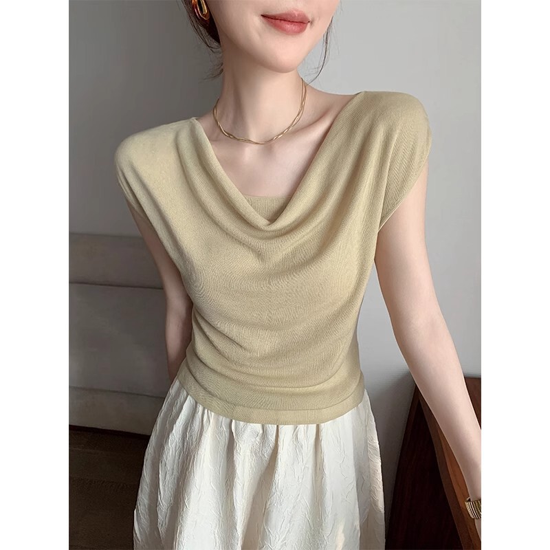 Green Off-Shoulder Draped Collar Knit Short-Sleeve Women's Top, Summer 2026 New Lightweight Slim-Fit Stylish Layering Top That Enhances Slimness