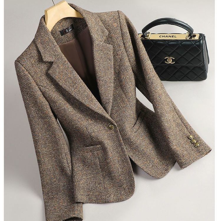 短款灰色西装外套女小个子修身2025秋冬新款韩版气质毛呢西服9518