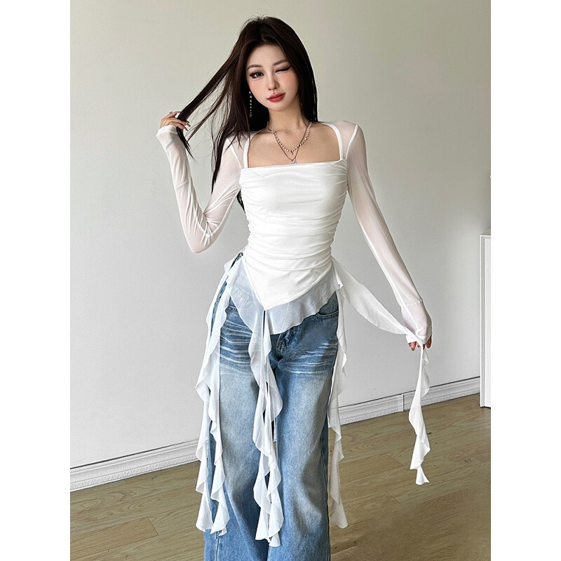 In-Stock Hot Girl Style Ruffled Square-Neck Slim-Fit Long-Sleeve T-Shirt for Women, Sheer Mesh Pure Desire Sexy Top Ins In-Stock Hot Girl Style Ruffled Square-Neck Slim-Fit Long-Sleeve T-Shirt for Women, Sheer Mesh Pure Desire Sexy Top Ins