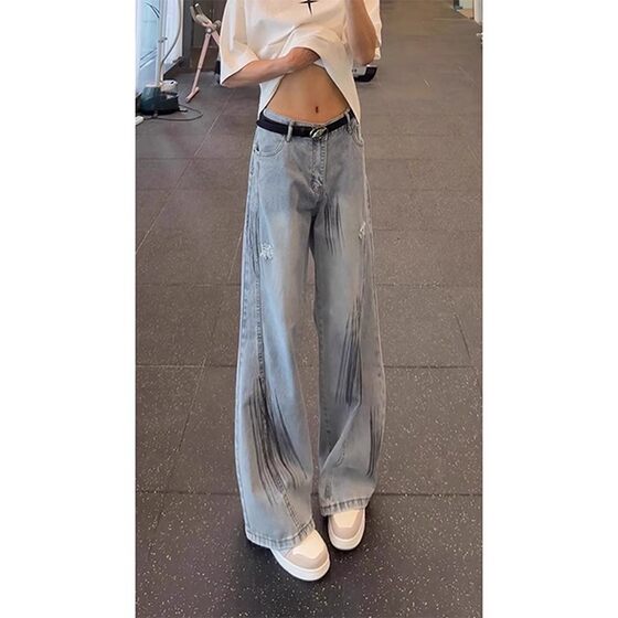 American Style cleanfit light blue Scimitar Jeans Men's Summer Ruffian Shuai High Street Ripped Pants Vibe Style Straight Pants