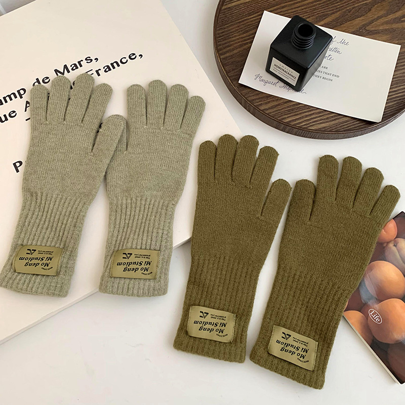 Guantes de ciclismo de invierno nuevo caliente polvo de frambuesa coreano color sólido alargado y grueso guantes de lana de punto de cinco dedos