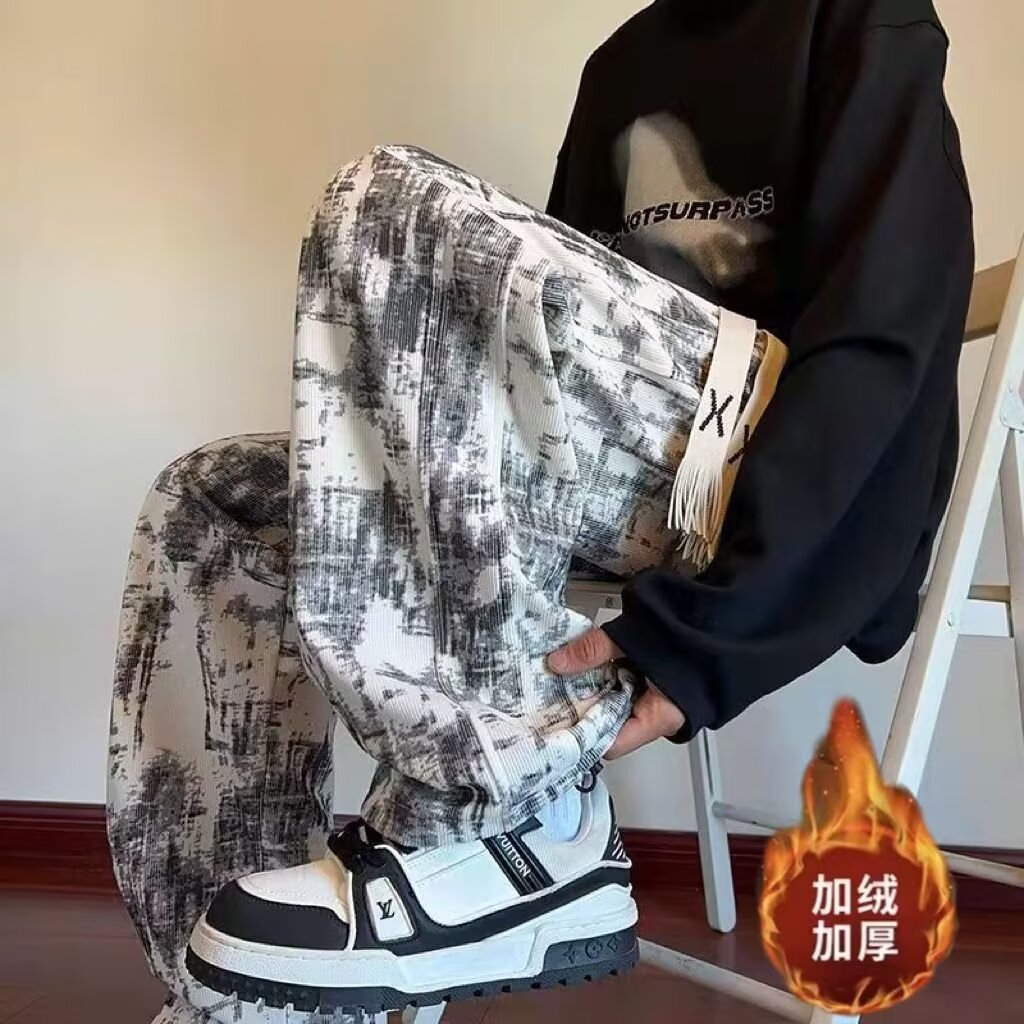 Pantalones casuales americanos de alta calle para hombres sueltos marca de moda vertical primavera y otoño atado teñido pantalon deportivo de terciopelo universal