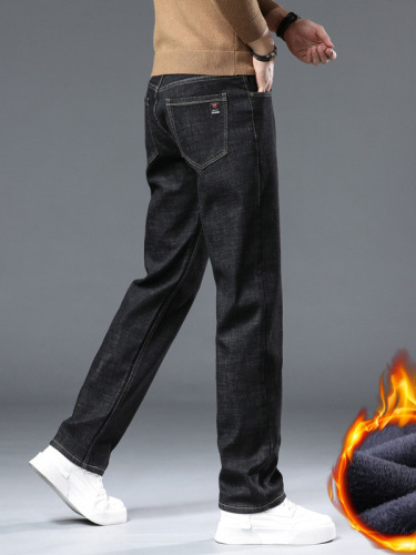 High-end lightweight luxury classic lined men's autumn and winter elastic business middle-aged casual warm thick straight-leg pants
