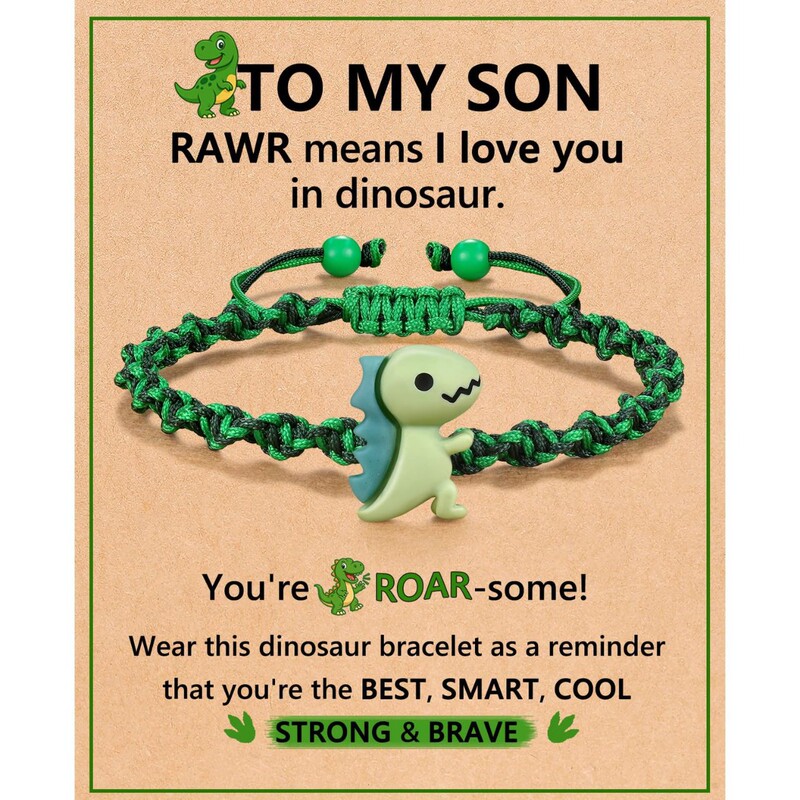 Back-To-School Gift Bracelet, Hand-Woven Acrylic Dinosaur Pendant Bracelet, Woven Green Small Dinosaur Bracelet