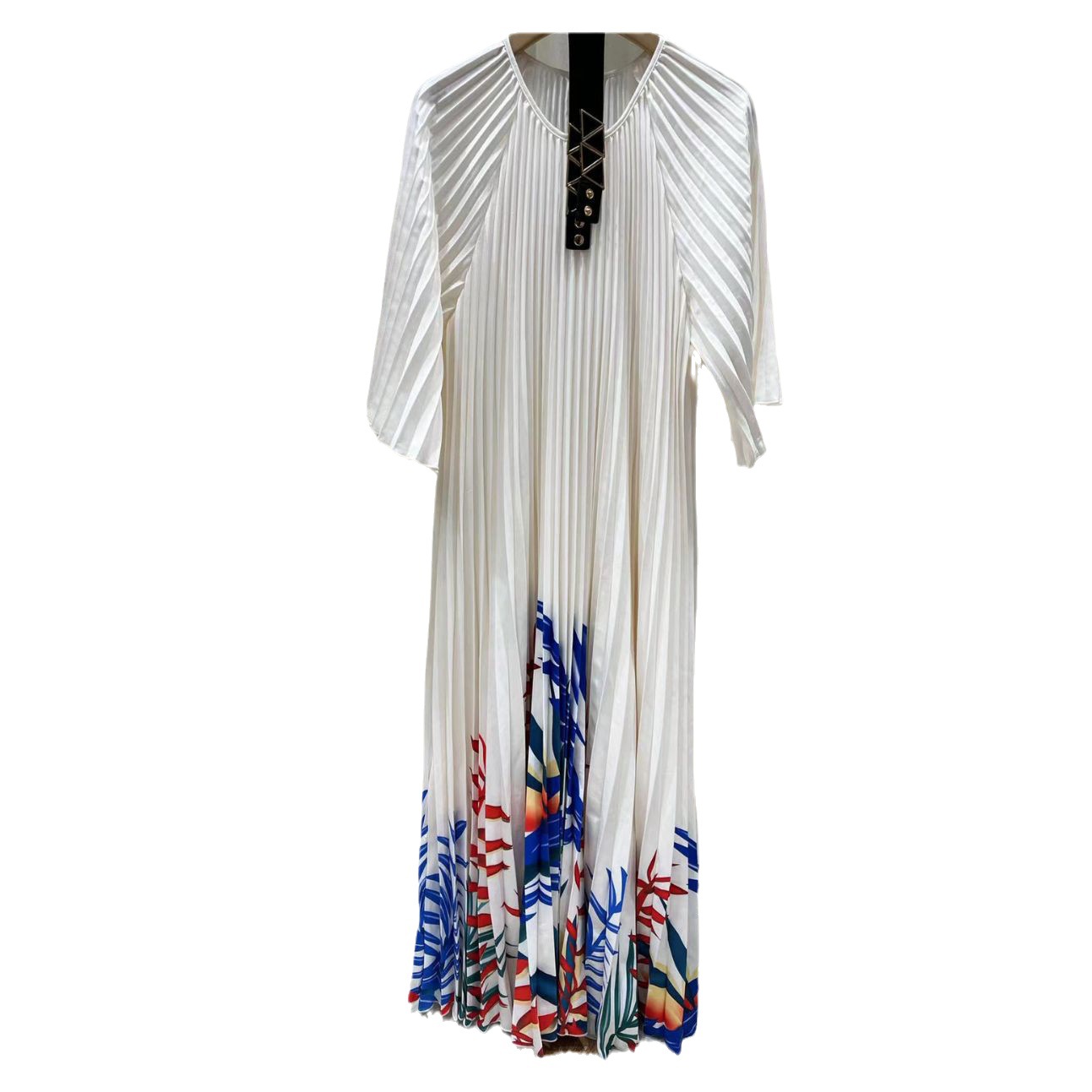 Women's Clothing pleated mid sleeve printed belt new style dress round neck women's pleated skirt_voghion.com