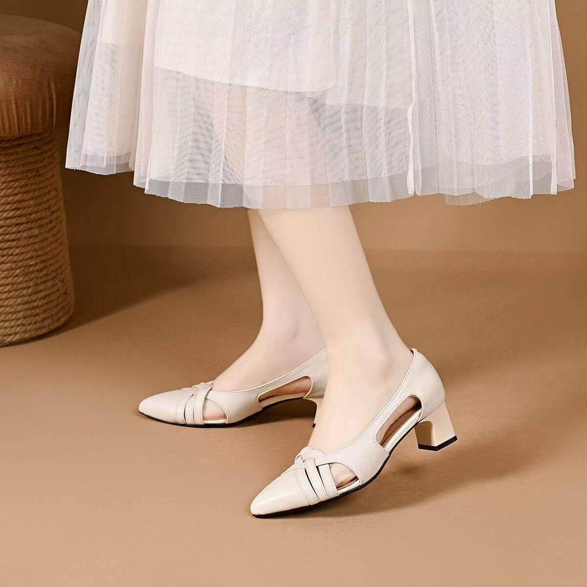 Giày cao gót nữ mũi nhọn dệt thô gót vuông ổn định — màu be chi tiết 5