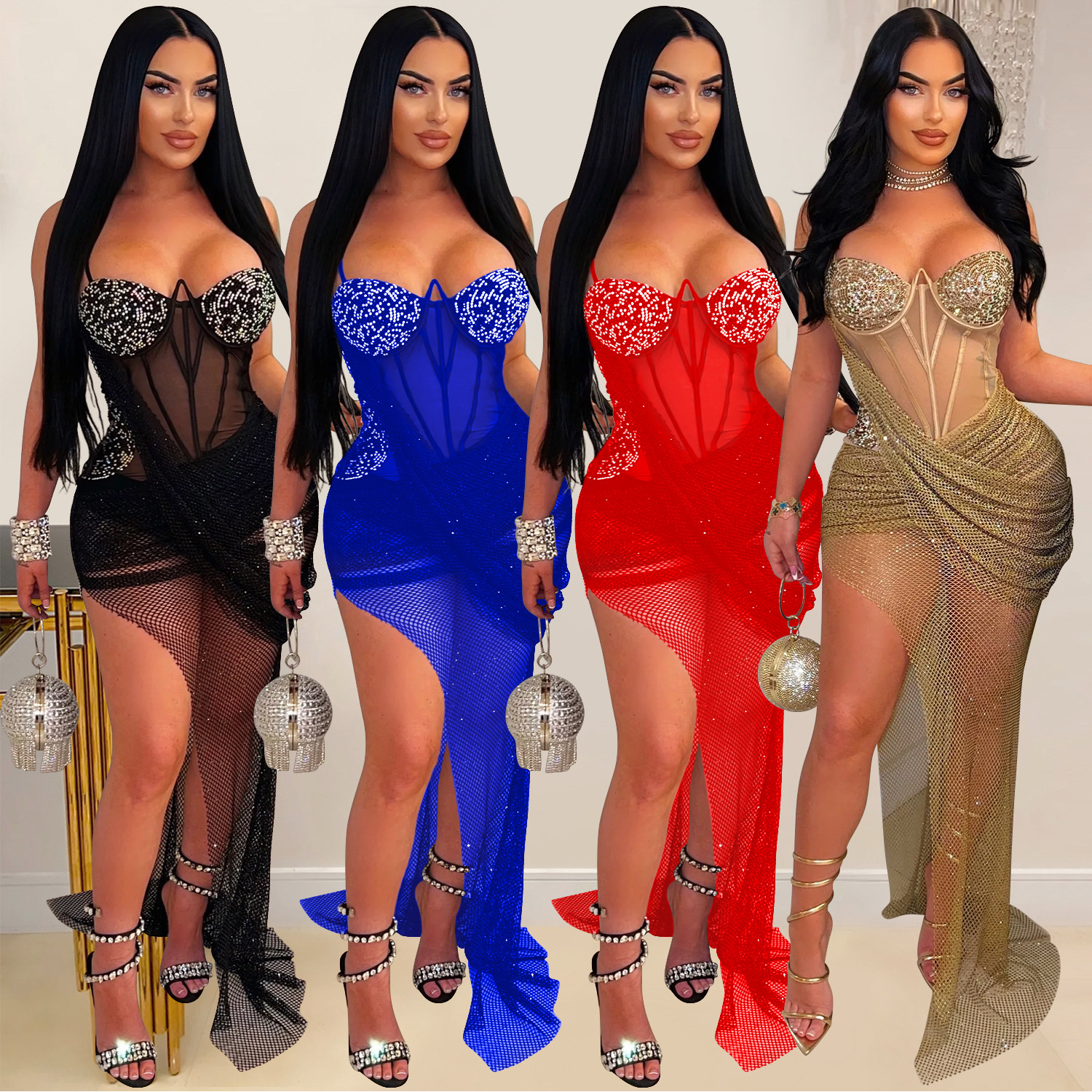C6883 Aliexpress transfronterizo amazon ropa de moda europea y americana de mujer sexy tela de tela de perforación de cinturón vestido largo image 1
