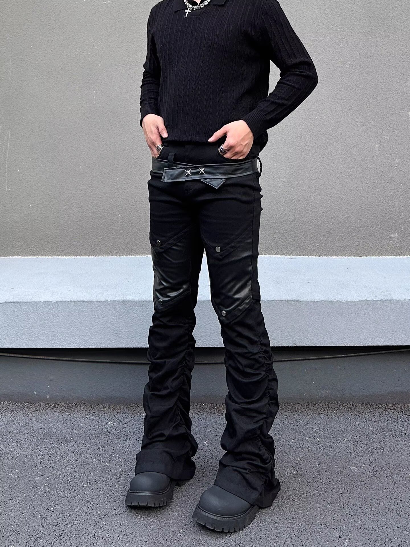 Men's Retro Washed Distressed Cleanfit Jeans Slightly Flared Slimming Black High Street Style American Vibe Curved Pants_mkmklike.com