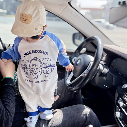 Cotton Baby Clothing Trendy Baby Bodysuit with Padded Sleeve Sweatshirt Style Teddy Bear Climbing Suit
