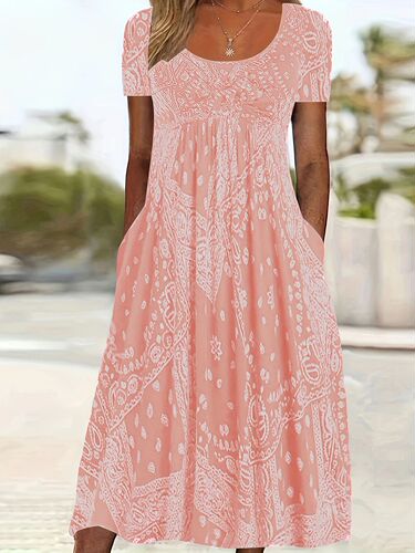 European and American summer new long dress, mid-waist, short-sleeved round neck, retro printed, comfortable casual style pullover long dress