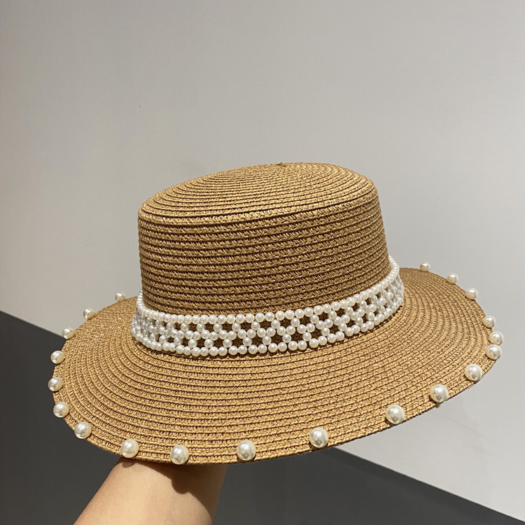 Summer Retro Large Brim Sunscreen Pearl Straw Hat display picture 3