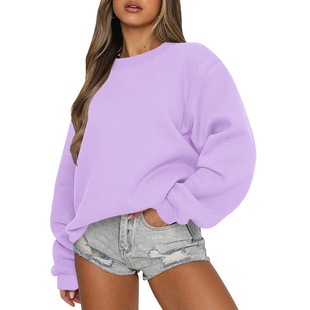 2023 New Amazon wish cross-border fashion autumn and winter solid color round neck loose long sleeve bathroom