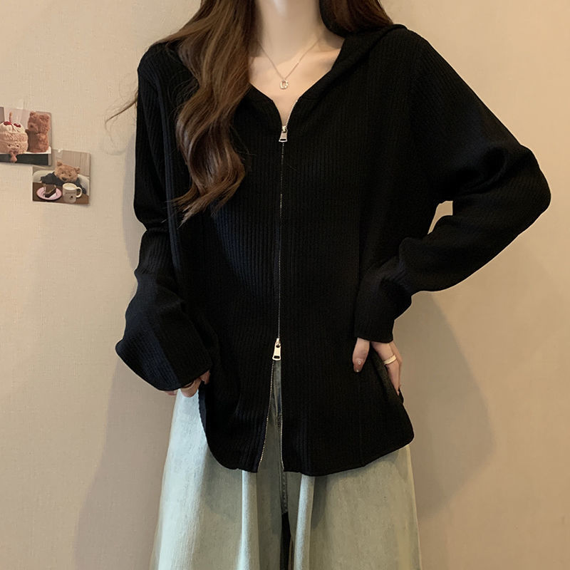 더블 지퍼 후드 가디건 스웨트 봄과 가을 얇은 새로운 느슨한 플러스 사이즈 디자인 틈새 후드 긴 소매 탑