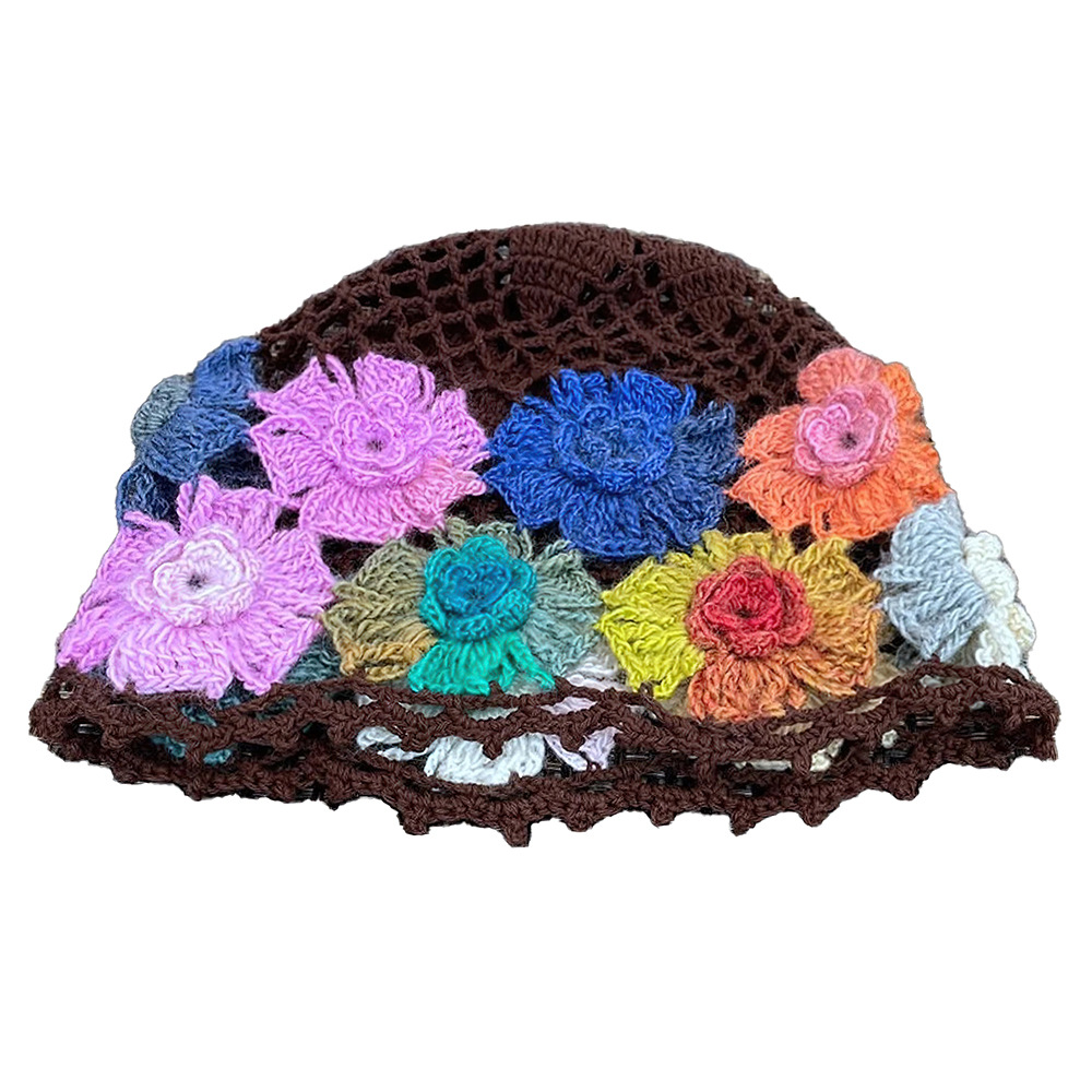 钩编毛线帽子女四季百搭棉线镂空拼花渔夫帽时尚休闲可爱手钩帽
