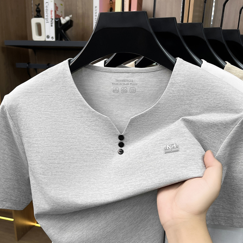 Men's V-Neck Short-Sleeve T-Shirt, Stylish and Elegant, Three-Button Embroidered Men's Casual Loose Versatile Top, Available for Wholesale Men's V-Neck Short-Sleeve T-Shirt, Stylish and Elegant, Three-Button Embroidered Men's Casual Loose Versatile Top, Available for Wholesale