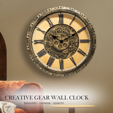 圆形塑料挂钟外贸货源美式复古动态齿轮工业机械风装饰石英时钟表