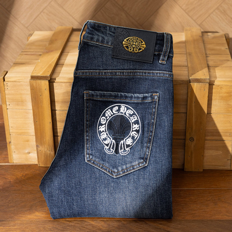 Guangzhou American-Style Men's Jeans Cotton Stretch Korean Version Slim Fit High-End Cross-Border European Embroidered Blue Trendy Men's Pants