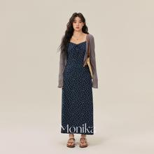 摩妮卡大码女装胖mm法式收腰显瘦碎花吊带连衣裙灰色短款开衫外套