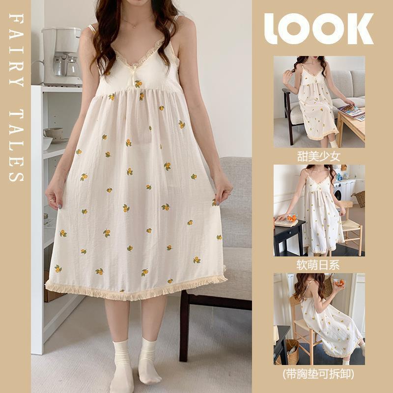 Summer 2023 Woven Wrinkled Cloth Pajamas Women's Tassel Sling Nightgown with Chest Pad Detachable Sexy Outfit Summer 2023 Woven Wrinkled Cloth Pajamas Women's Tassel Sling Nightgown with Chest Pad Detachable Sexy Outfit