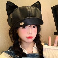 pu皮质猫耳朵贝雷帽女春秋季甜酷显脸小八角帽大头围报童画家帽子