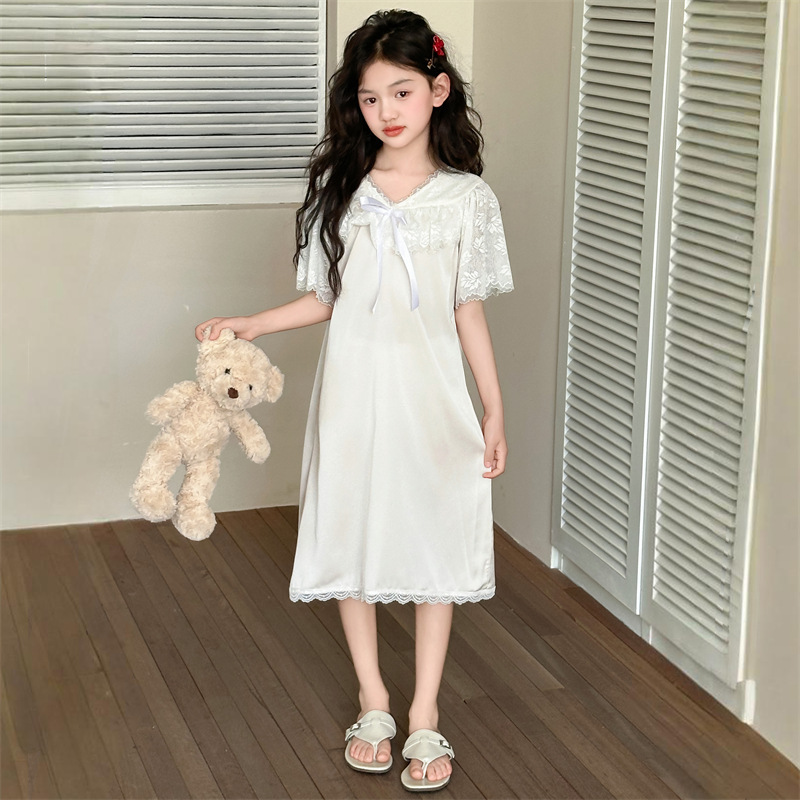 女の子のハイエンドアイスシルクパジャマ 2025 新しい子供の夏の薄いレースのパジャマドレス女の子プリンセススタイルパジャマ|undefined