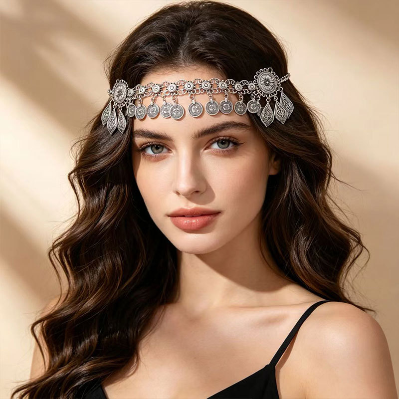 Cross-Border Bohemian Ethnic Style Tassel Coin Forehead Chain for Women, High-End Vintage Hair Chain, Dual-Use Headpiece Necklace