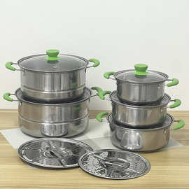 工厂 不锈钢蒸锅套装16-24cm 12pcs Pot set绿把带磁汤锅蒸锅套装