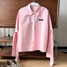 安斐欧娜2024春夏新款粉色全棉烫钻刺绣设计感绑带宽松女长袖衬衣