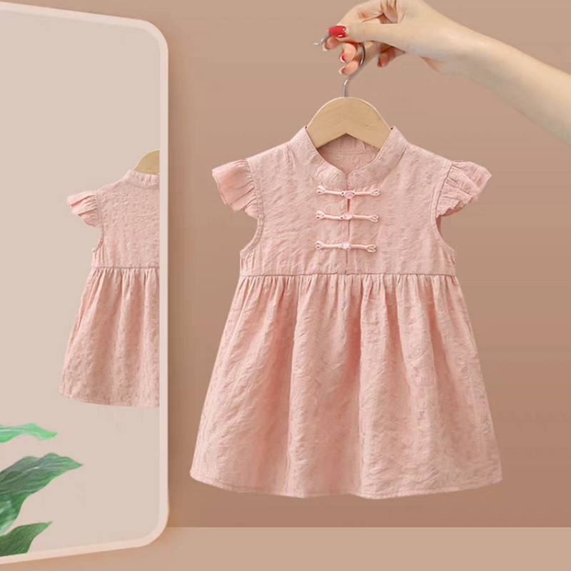 Girls Dress 2025 New Summer Children's National Style Skirt Baby Girl New Chinese Style Flying Sleeve Mid-Length Skirt Summer Dress