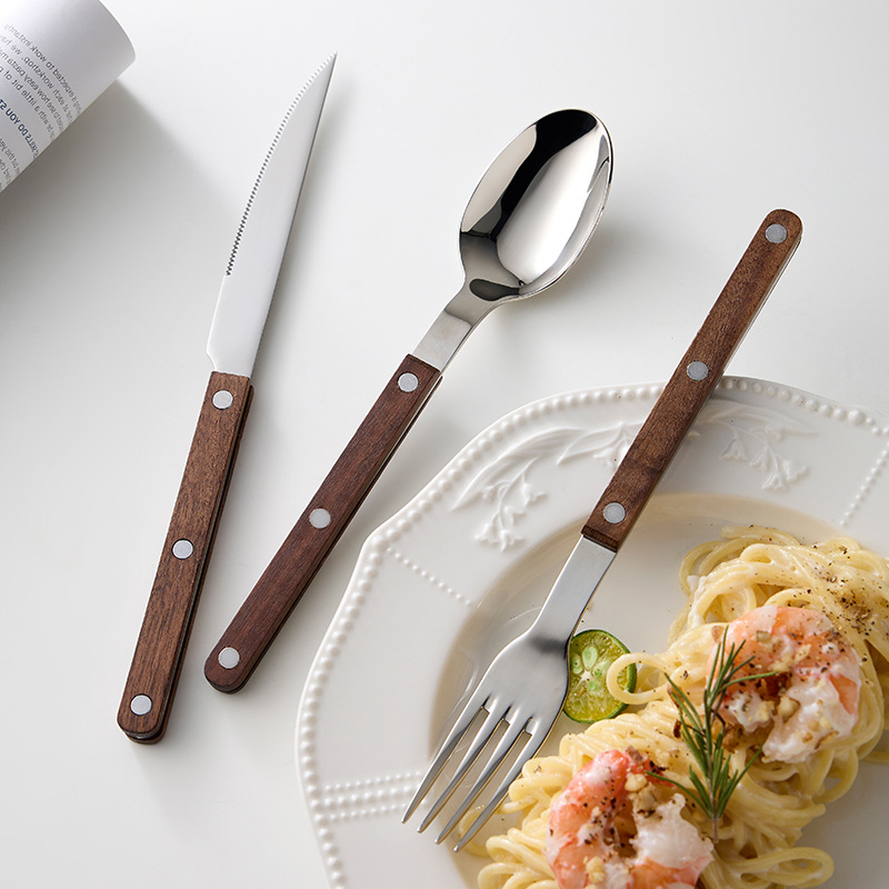 Bistec de acero inoxidable 304, cuchillo y tenedor, imitación de grano de madera, mango de tres clavos, vajilla, cuchillo, tenedor y cuchara de comida occidental, juego de cuchara de postre de alta calidad