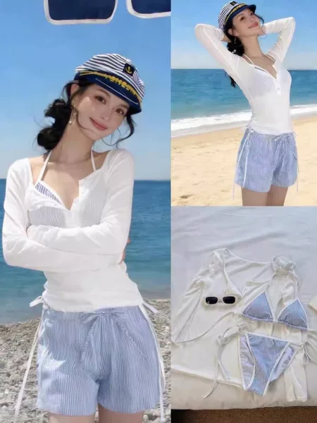 【Rixsg】Korean-Style Girl Bikini Four-Piece Set with Long-Sleeve Cover-Up, Pure Desire Style for Vacation and Hot Springs, Suitable for Small Busts