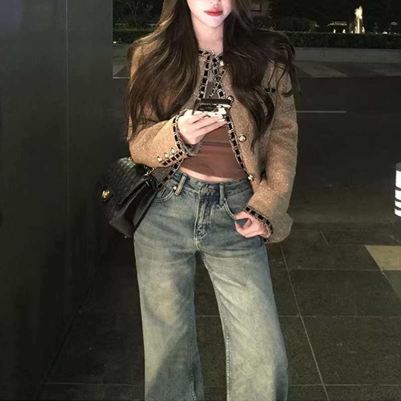 Tweed Style Jacket Women's 2025 Autum New High-End Lady Retro Wool Tweed Slim Cardigan Top