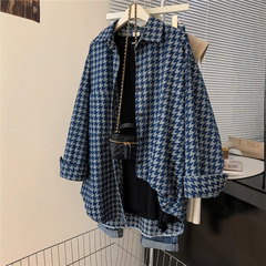 胖妹妹大码装千鸟格长袖衬衫外套女春秋季polo领水洗牛仔衬衣上衣