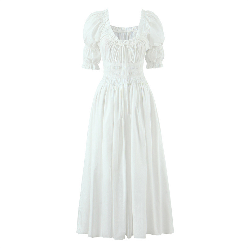 French-Style Retro U-Neck Tie-Waist Puff Sleeve Dress, Summer New Slim-Fit Solid Color Long Dress with a Flared Hem