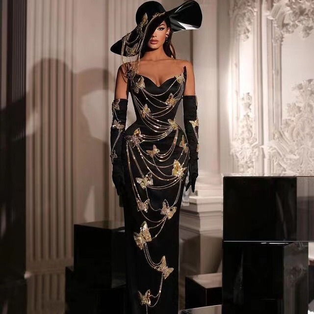 European and American fashion gold diamond butterfly design pointed collar tube top with gloves long party evening dress