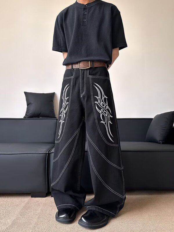 小众解构刺绣牛仔裤男春秋vibe风美式街头宽松休闲痞帅直筒阔腿裤|undefined