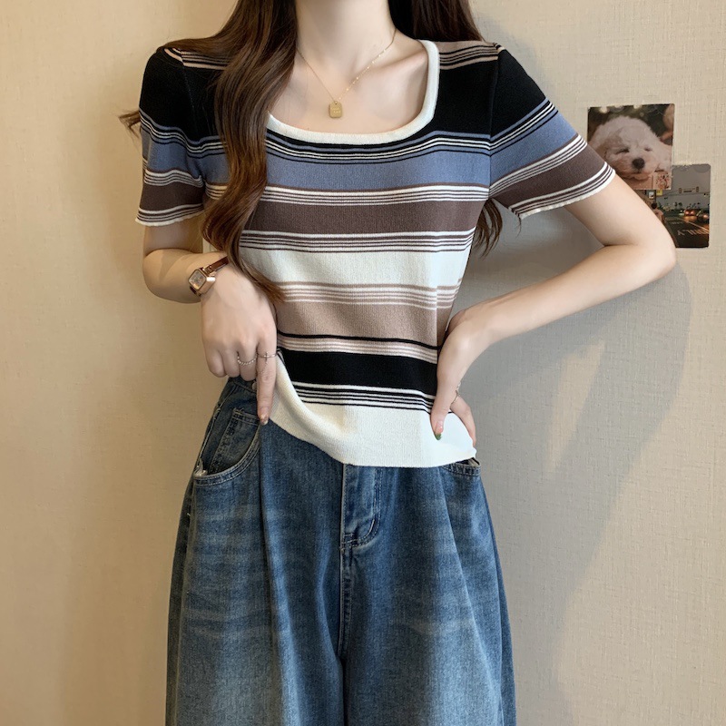 소스 제조업체 맞춤형 대형 여성 의류 2023 여름 빈티지 줄무늬 지방 MM 사각 칼라 시원한 느낌 니트 어깨 짧은