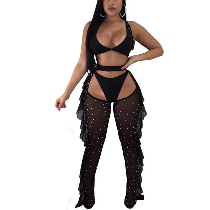 2024 nuevo producto transfronterizo Amazon ropa de mujer europea y americana malla sexy cuentas de malla oreja de madera traje ajustado tiktok